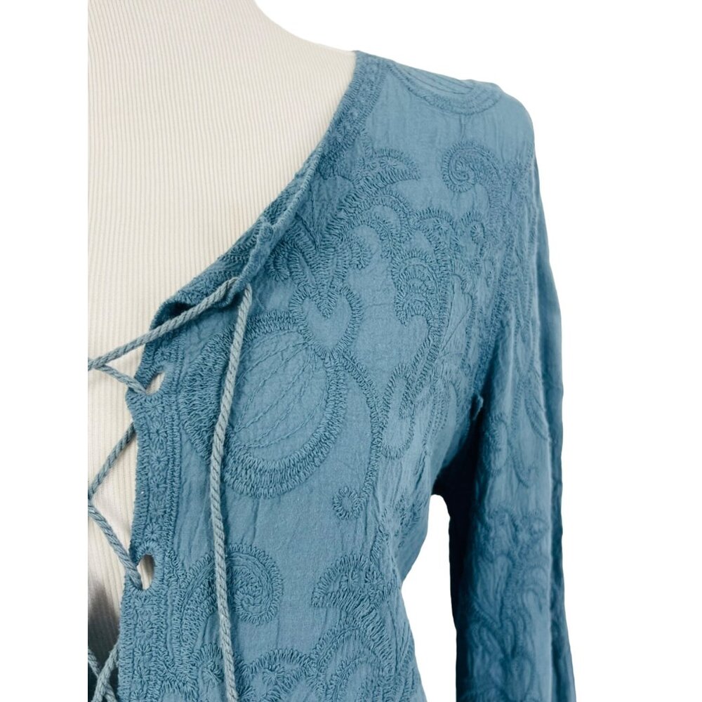 Blue Lace Up Embroidered Crochet Trim Tassel Tunic Top| Coastal Grandma Boho S/M - Picture 5 of 16